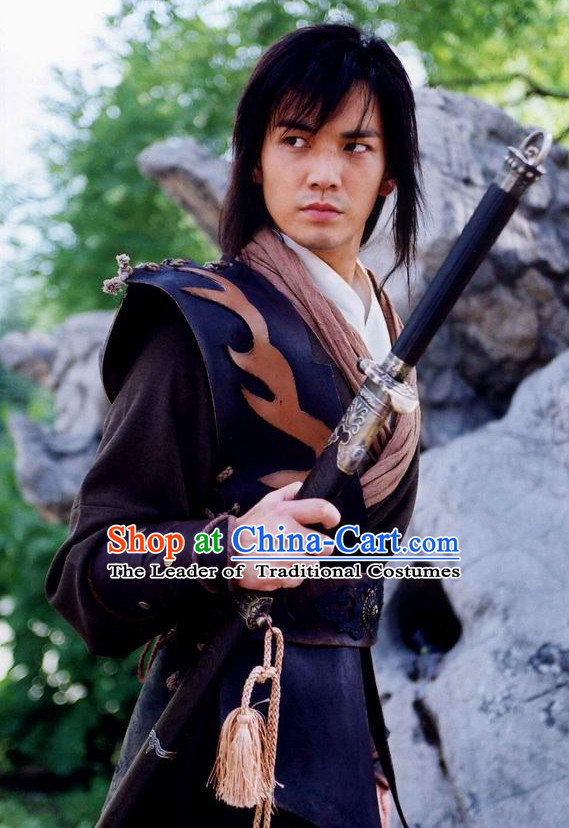 Traditional Ancient Chinese Style Knight Black Full Wig and Headband Set for Men Teenagers Boys