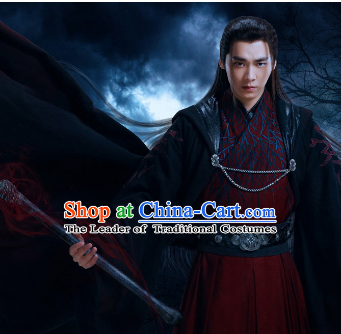 Traditional Ancient Chinese Style Knight Black Full Wig Set for Men Teenagers Boys