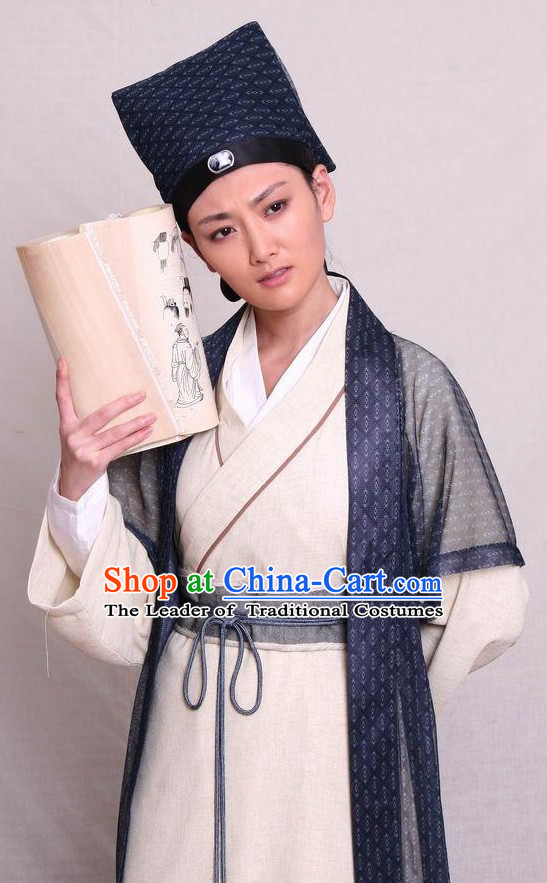 Traditional Chinese Ancient Student Scholar Costumes and Hat Complete Set