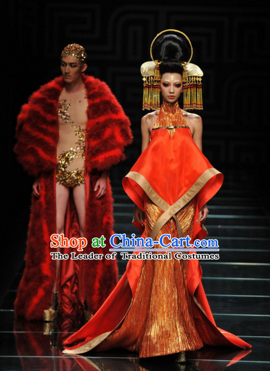 Asian Chinese Fashion Custom Tailored Fantasy Red Fur Long Robe Garment Complete Set for Men
