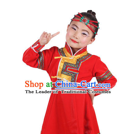 Chinese Traditional Ethnic Mongolian Clothes and Hair Accessories Complete Set for Girls