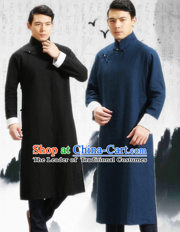 Deep Blue Long Minguo Style Male Mandarin Robe for Men or Boys