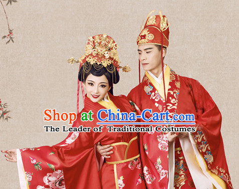 Ancient Chinese Bridal Wedding Garment and Headpieces Complete Set for Brides and Bridegrooms