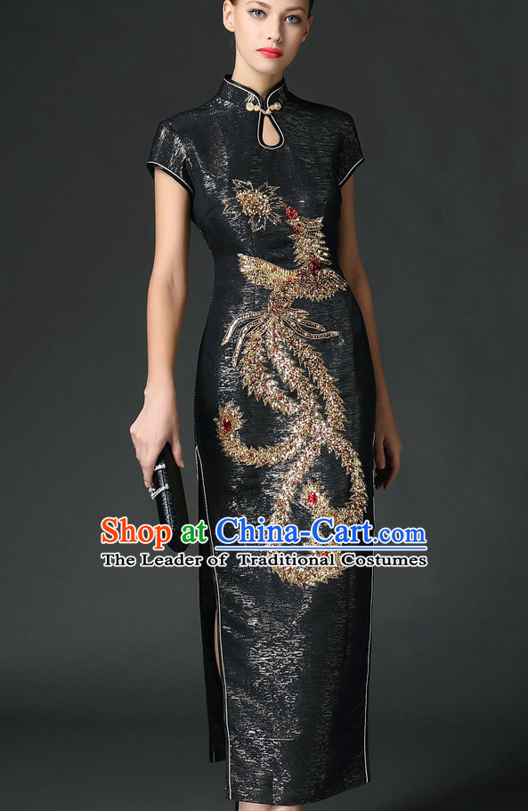 Traditional Handmade Shinning Sequined Phoenix Long Cheongsam