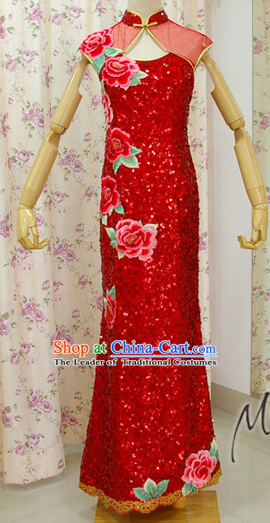 Traditional Handmade Shinning Sequined Peony Long Cheongsam