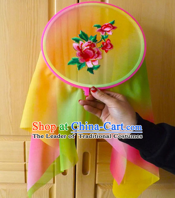 Ancient Chinese Style Embroidered Flower Long Ribbon Dance Fan Dancing Fans