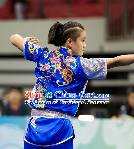 Top Blue Kung Fu Competition Championship Uniforms Pants Suit Taekwondo Apparel Karate Suits Attire Robe Championship Costume Chinese Kungfu Jacket Wear Dress Uniform Clothing Taijiquan Shaolin Chi Gong Taichi Suits for Men Women Kids