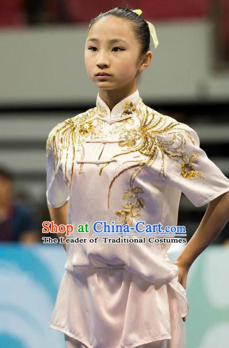 Top White Kung Fu Competition Championship Uniforms Pants Suit Taekwondo Apparel Karate Suits Attire Robe Championship Costume Chinese Kungfu Jacket Wear Dress Uniform Clothing Taijiquan Shaolin Chi Gong Taichi Suits for Men Women Kids