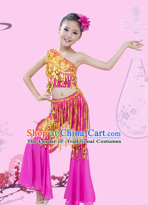 Purple Chinese Traditional Stage Dai Minority Ethnic Peacock Dance Dancewear Costumes Dancer Costumes Dance Costumes Clothes and Headdress Complete Set for Girls Kids