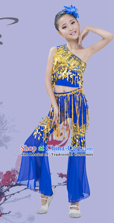 Blue Chinese Traditional Stage Dai Minority Ethnic Peacock Dance Dancewear Costumes Dancer Costumes Dance Costumes Clothes and Headdress Complete Set for Girls Kids