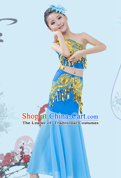 Blue Chinese Traditional Stage Dai Minority Ethnic Peacock Dance Dancewear Costumes Dancer Costumes Dance Costumes Clothes and Headdress Complete Set for Girls Kids