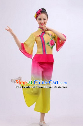 Chinese Folk Dance Costumes Traditional Chinese Fan Dancing Costume Ribbon Dancewear and Headwear Complete Set for Women Girls or Kids