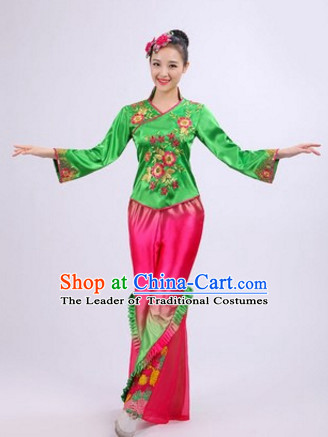 Chinese Folk Dance Costumes Traditional Chinese Fan Dancing Costume Ribbon Dancewear and Headwear Complete Set for Women Girls or Kids