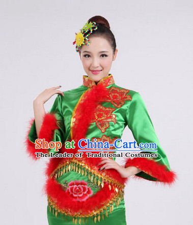 Chinese Folk Dance Costumes Traditional Chinese Fan Dancing Costume Ribbon Dancewear and Headwear Complete Set for Women Girls or Kids