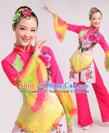 Chinese Folk Dance Costumes Traditional Chinese Fan Dancing Costume Ribbon Dancewear and Headwear Complete Set for Women Girls or Kids