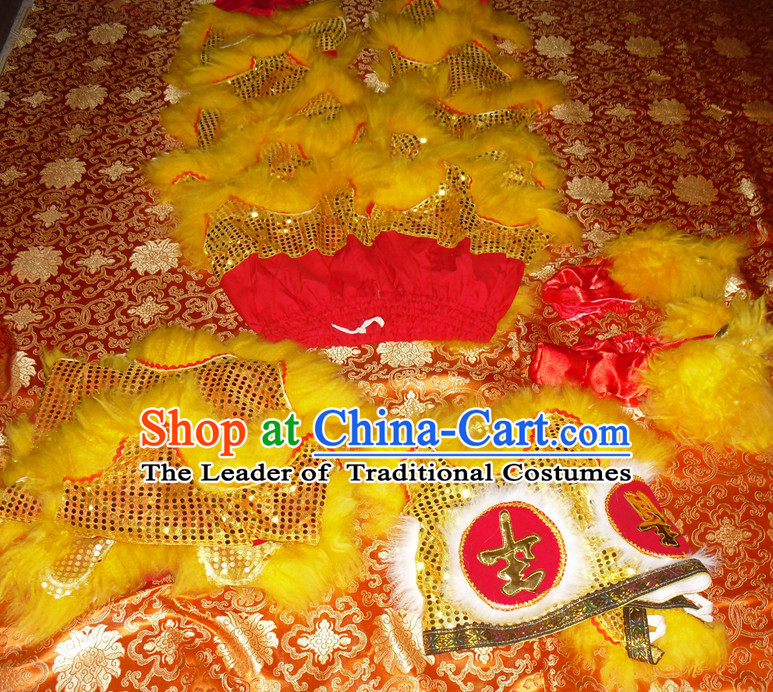 Red Color Yellow Wool Top Asian Chinese Troupe Performance 2 Pairs of Lion Dance Pants and Claws