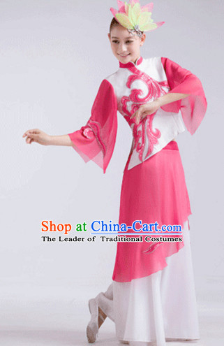 Pink Chinese Folk Fan Dancewear and Headdress Complete Set for Women