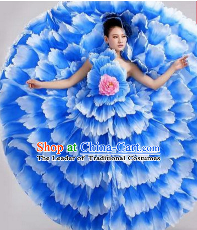 Blue Chinese Flower Petal Dance Costumes and Headdress Complete Set for Women