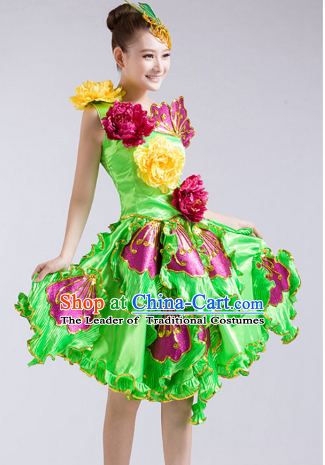 Chinese Flower Dance Costumes and Headdress Complete Set for Women