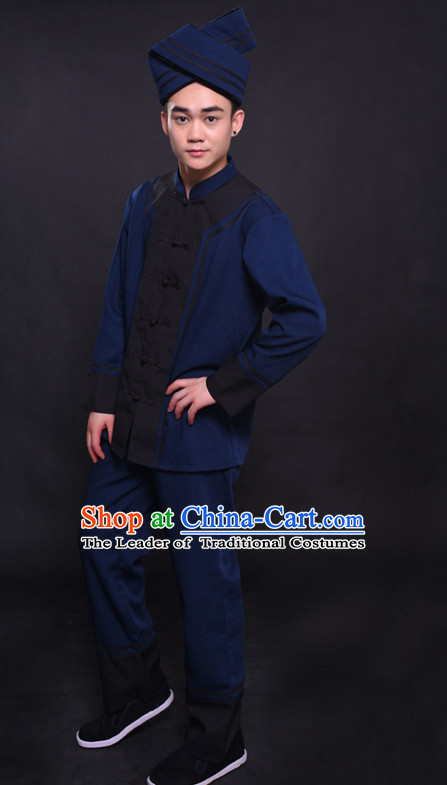 Chinese Chuang Group the Zhuang Nationality Folk Dance Ethnic Wear China Clothing Costume Ethnic Dresses Cultural Dances Costumes Complete Set for Men Boys