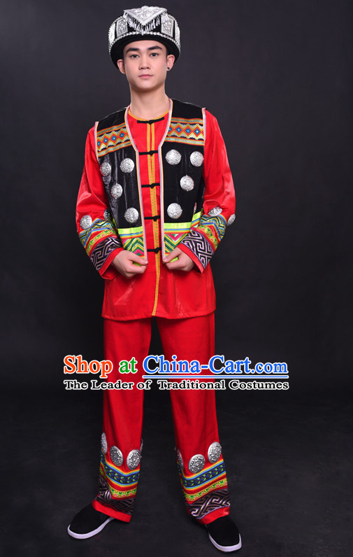 Chinese Hmong Nationality Folk Dance Ethnic Wear China Clothing Costume Ethnic Dresses Cultural Dances Costumes Complete Set for Men Boys