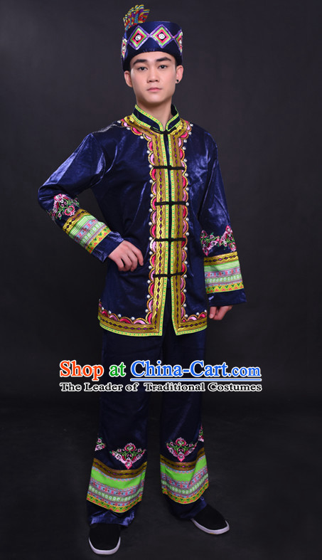 Chinese Mulao Nationality Folk Dance Ethnic Wear China Clothing Costume Ethnic Dresses Cultural Dances Costumes Complete Set for Men Boys