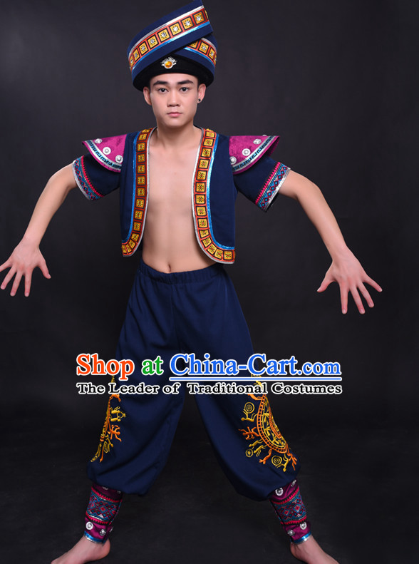 Chinese Chuang Group the Zhuang Nationality Folk Dance Ethnic Wear China Clothing Costume Ethnic Dresses Cultural Dances Costumes Complete Set for Men Boys