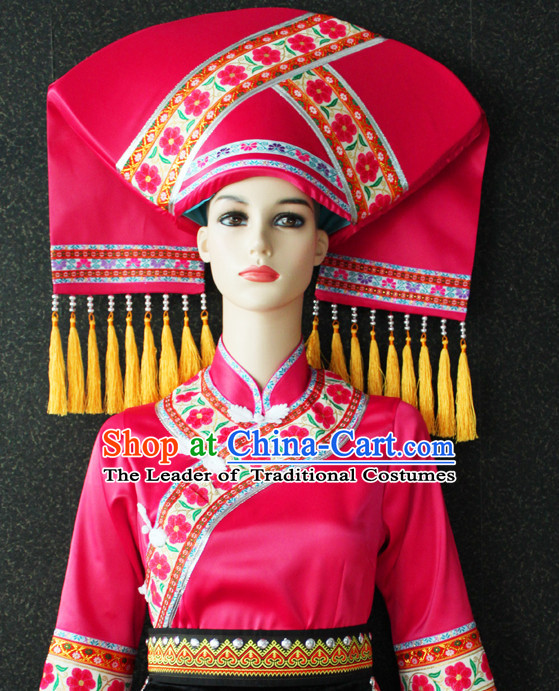 Chinese Zhuang Nationality Folk Dance Ethnic Wear China Clothing Costume Ethnic Dresses Cultural Dances Costumes Complete Set for Women Girls