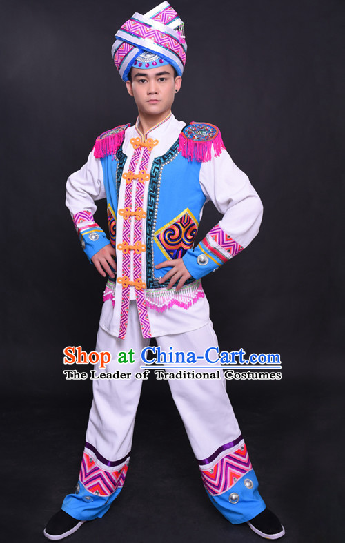 Chinese Chuang Group the Zhuang Nationality Folk Dance Ethnic Wear China Clothing Costume Ethnic Dresses Cultural Dances Costumes Complete Set for Men Boys