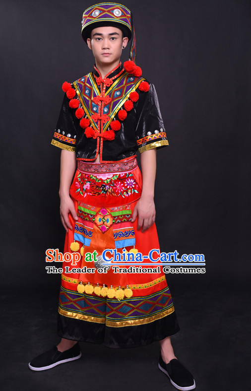 Chinese Yao Nationality Folk Dance Ethnic Wear China Clothing Costume Ethnic Dresses Cultural Dances Costumes Complete Set for Men Boys