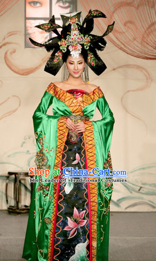 Ancient Tang Dynasty Chinese Imperial Palace Empress Queen Princess Garment Clothing and Hair Jewelry Complete Set for Women