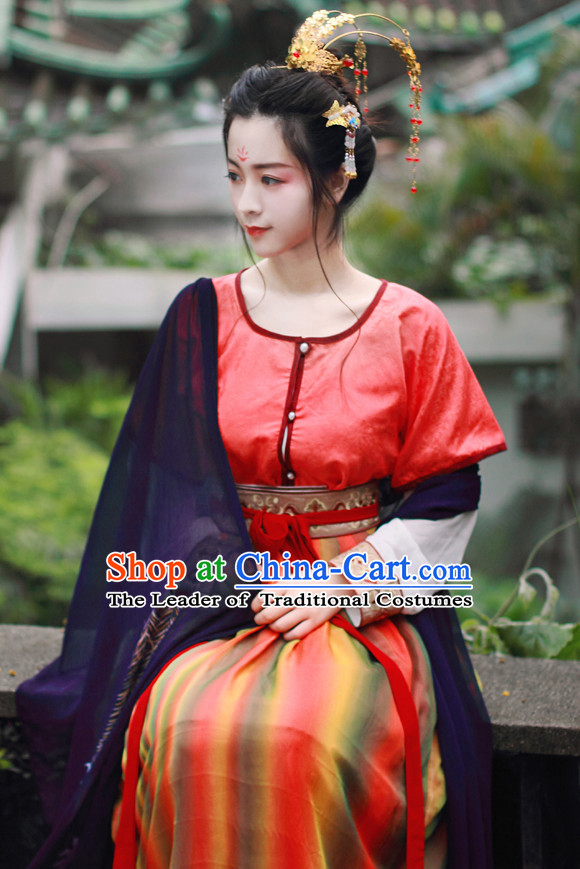 Chinese Traditional Dress Hanfu Costume China Kimono Robe Ancient Chinese Clothing National Costumes Gown Wear and Head Jewelry for Women Girls