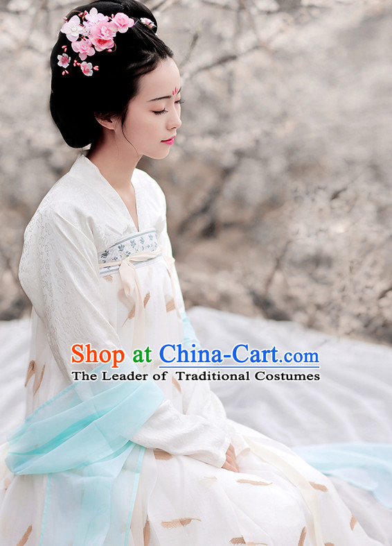 Chinese Traditional Dress Hanfu Costume China Kimono Robe Ancient Chinese Clothing National Costumes Gown Wear and Head Jewelry for Women Girls