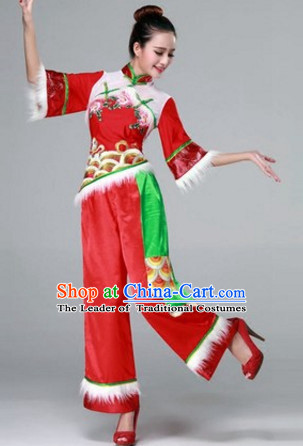 Chinese Fan Dance Costumes Traditional Chinese Clothing Dress Dancewear Dance Clothes Outfits Dresses and Hat Complete Set for Women