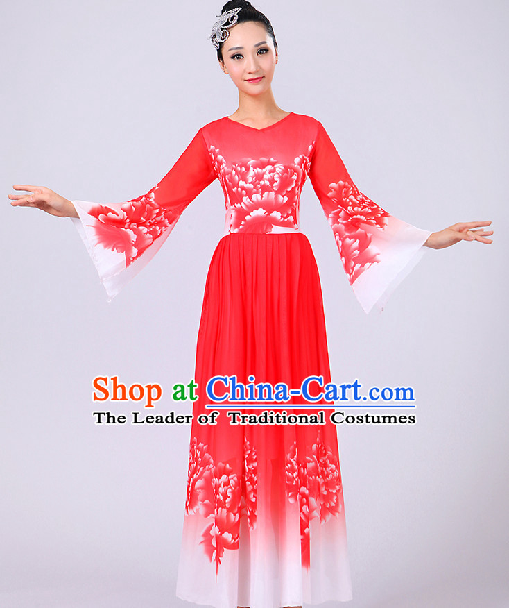 Red Chinese Theater Traditional Dance Ribbon Dancing Long Sleeve Leotard China Fan Dance Costume Complete Set