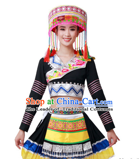 Chinese Miao People Folk Dance Ethnic Dresses Traditional Wear Clothing Cultural Dancing Costume Complete Sets for Women