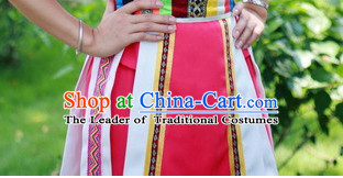 Chinese Zhuang People Folk Dance Ethnic Dresses Traditional Wear Clothing Cultural Dancing Costume Complete Sets for Women