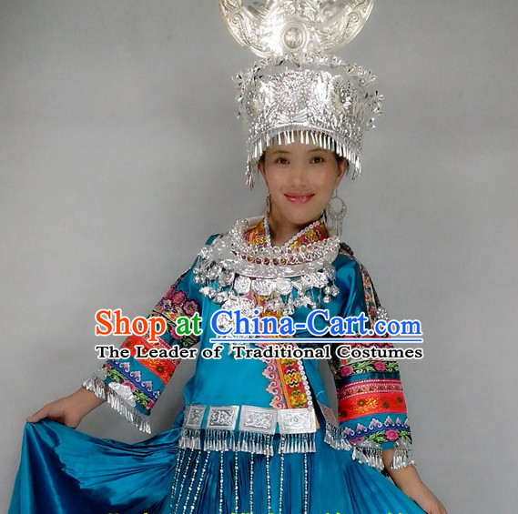 Chinese Miao People Folk Dance Ethnic Dresses Traditional Wear Clothing Cultural Dancing Costume Complete Sets for Women