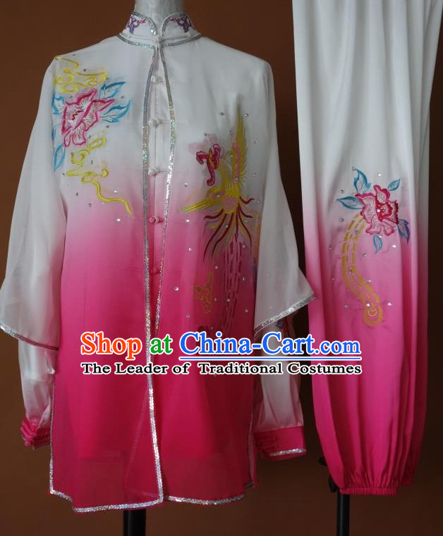 Top Asian Championship Color Changing Gradient Embroidered Phoenix Kung Fu Martial Arts Uniform Suit Three Pieces Set for Women Girls