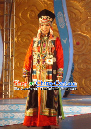 Traditional Mongolian Clothing Ancient Ethnic Princess Clothes and Hat Complete Set for Women