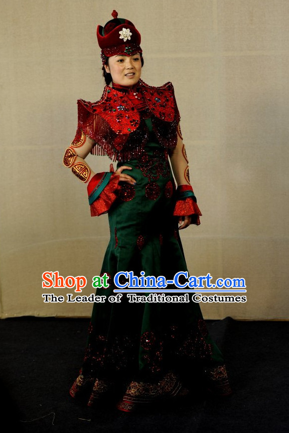 Traditional Mongolian Clothing Ancient Ethnic Queen Dresses and Hat Complete Set for Women