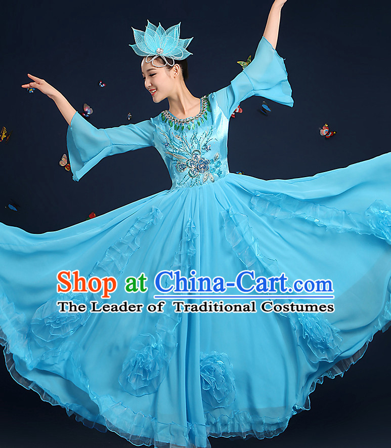 Chinese Fan Dance Costumes and Headpieces Complete Set for Women