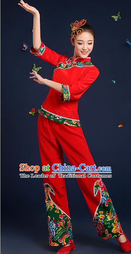 Chinese Folk Fan Dance Costumes and Headpieces Complete Set for Women