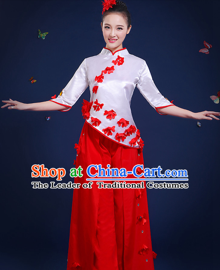 Chinese Folk Fan Dance Costumes and Headpieces Complete Set for Women