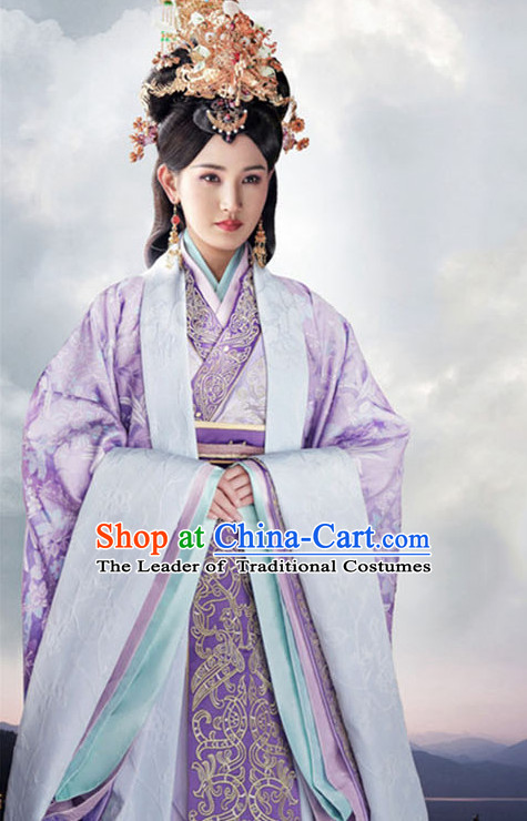 Top Chinese Ancient Empress Women's Clothing _ Apparel Chinese Traditional Dress Theater and Reenactment Costumes and Hat Complete Set