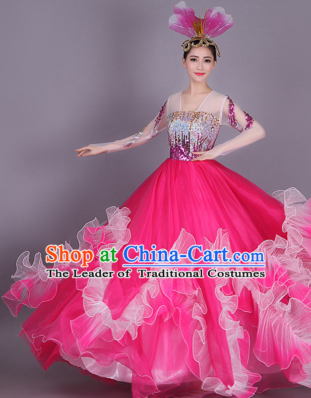 Chinese Flower Dance Costume Dance Costumes Fan dance Umbrella Ribbon Fans Water Sleeve Dancer Dancing Costumes Complete Set