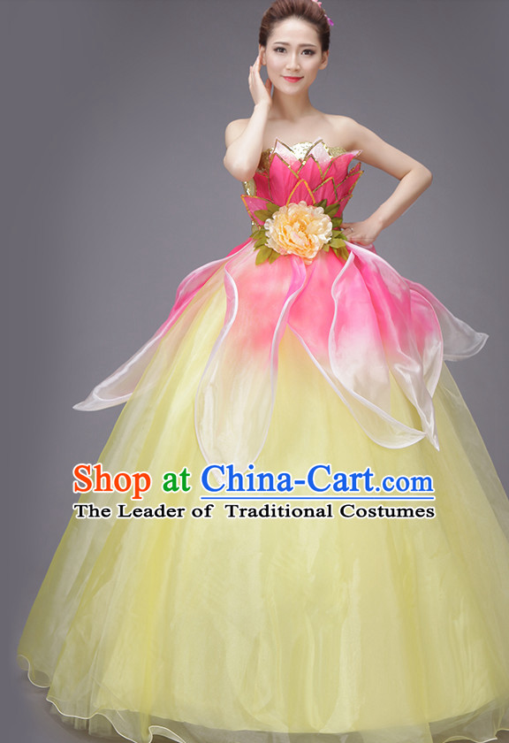 Chinese Flower Dance Costume Dance Costumes Fan dance Umbrella Ribbon Fans Water Sleeve Dancer Dancing Costumes Complete Set