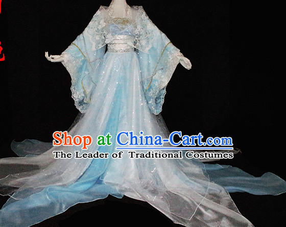 Top Light Blue Chinese Imperial Royal Princess Traditional Wear Queen Dresses Fairy Cosplay Costumes Ideas Asian Cosplay Supplies Complete Set