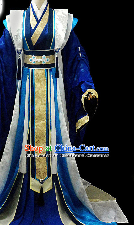 Blue Ancient Chinese Chancellor Hanfu Costumes High Quality Chinese National Costumes Complete Set for Men