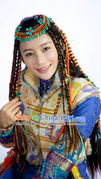 Chinese Qing Mongolian Princess Black Long Wigs and Headwear Headgear Hair Jewelry Hairpieces Set